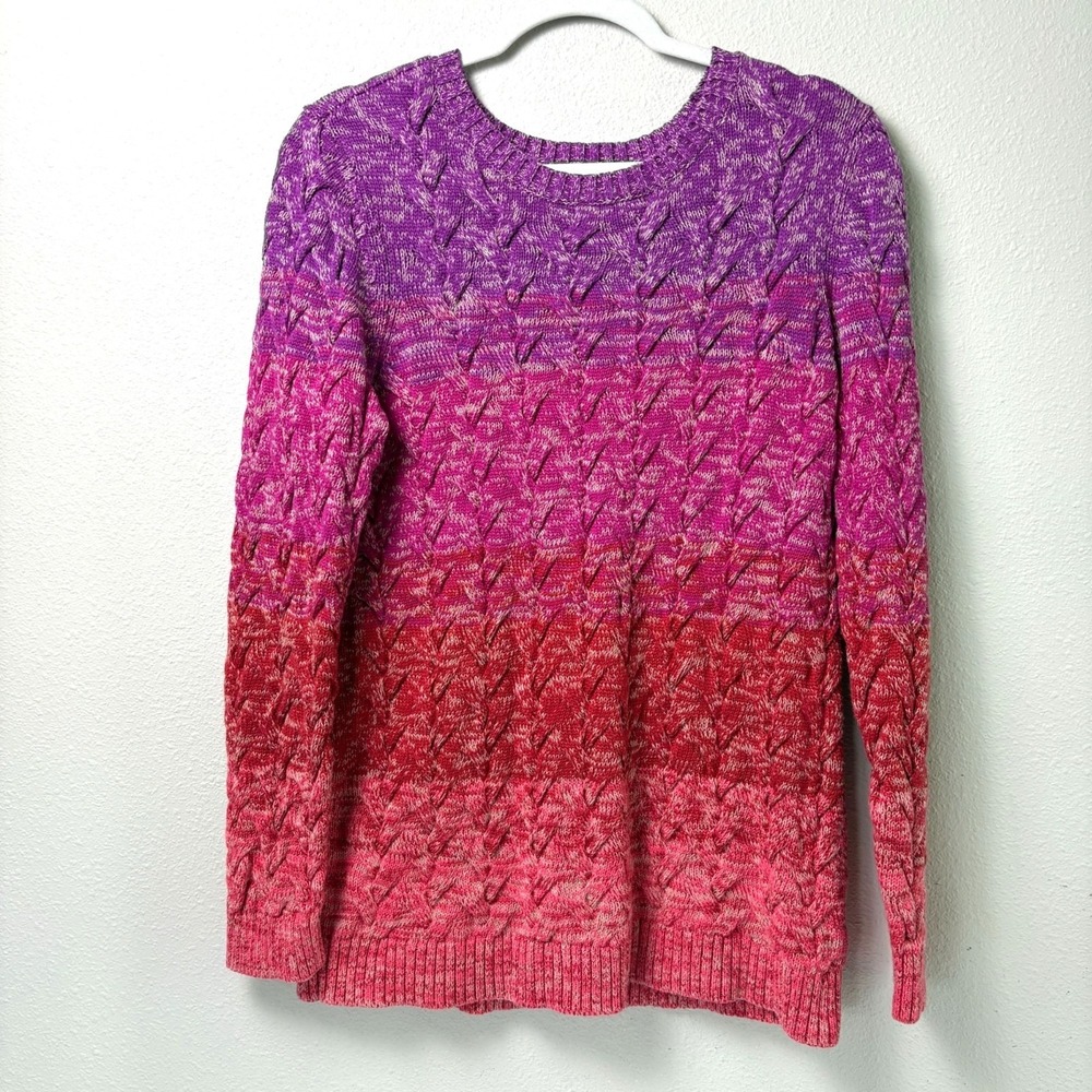 Lands End Drifter Knit Sweater Size M Purple Pink Red Ombre Crew Neck Cotton‎